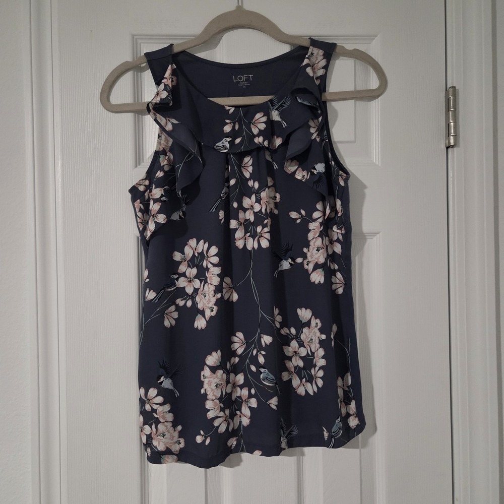 LOFT Sleeveless Blouse XS Blue Floral Bird Print Ruffle Neck Top Cottagecore